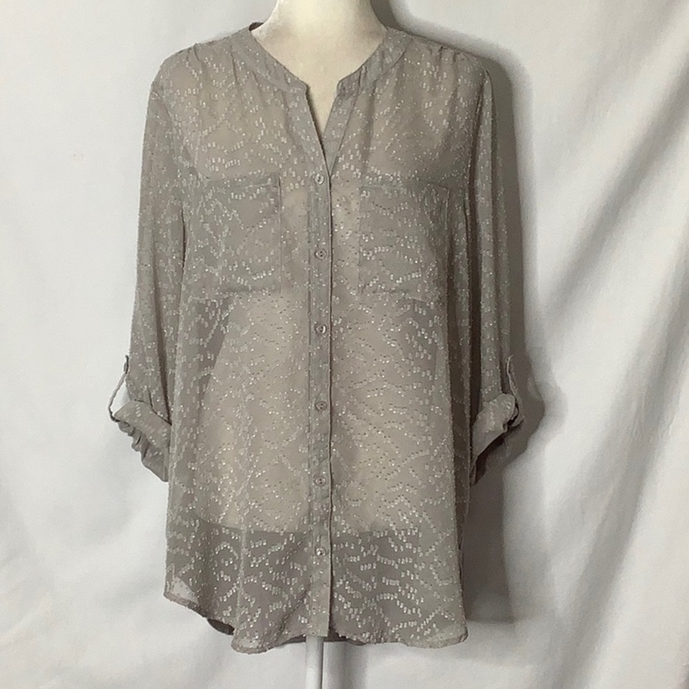 Black Rainn Textured Sheer Gray Button Up Blouse Size XL